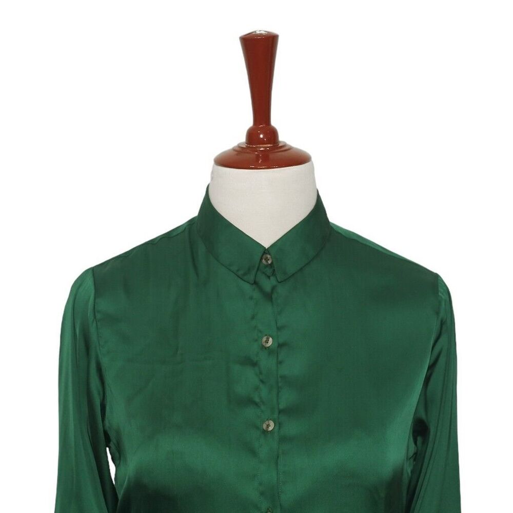 Womens Silk Shirt Button Up Green Lightweight Dress Casual Summer Top Medium - Picture 3 of 7